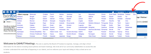 red arrow pointing to the world language icon on the top right-hand corner of the GAMUT Meetings platform